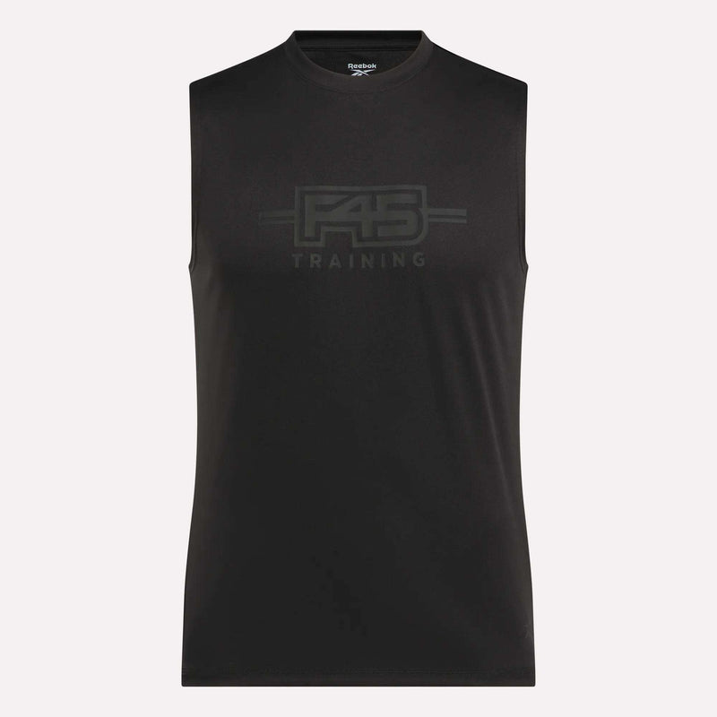 The Men's Reebok x F45 Training Tank Top, a sleeveless black top from Reebok featuring "F45 TRAINING" printed on the front, is ideal for high-intensity workouts and is shown against a simple light background.