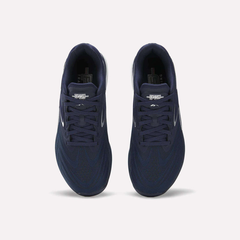 Top view of Reebok Nano X5 Edge F45 Shoes in dark navy with black laces and a white logo on the tongue, featuring subtle fabric patterns, placed side by side on a plain white background—perfect for F45 sessions.