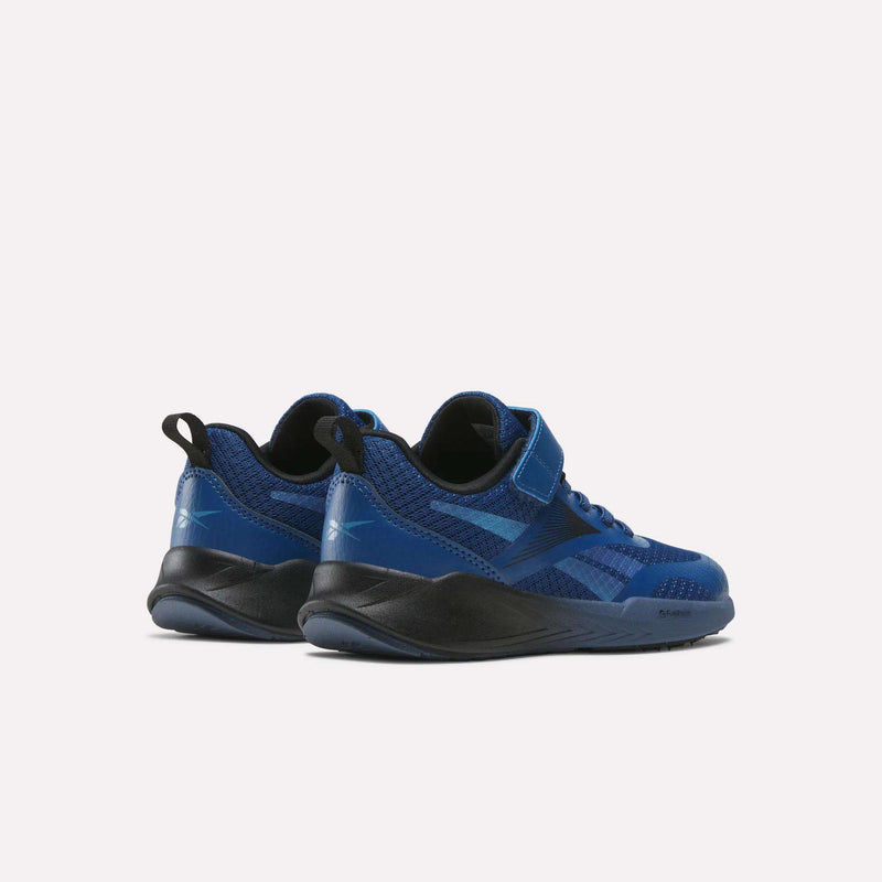 A pair of Reebok Energen Running Shoes for little kids in blue and black, featuring mesh uppers, velcro straps, and durable rubber soles—ideal as children’s running shoes—are displayed on a white background at a slight angle highlighting the sides and backs.