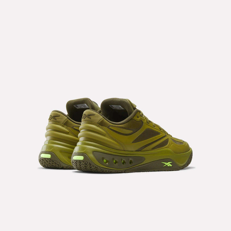 Reebok Engine A Pump shoes in olive green with a thick, cutout sole, bright lime green accents, and ERS technology.