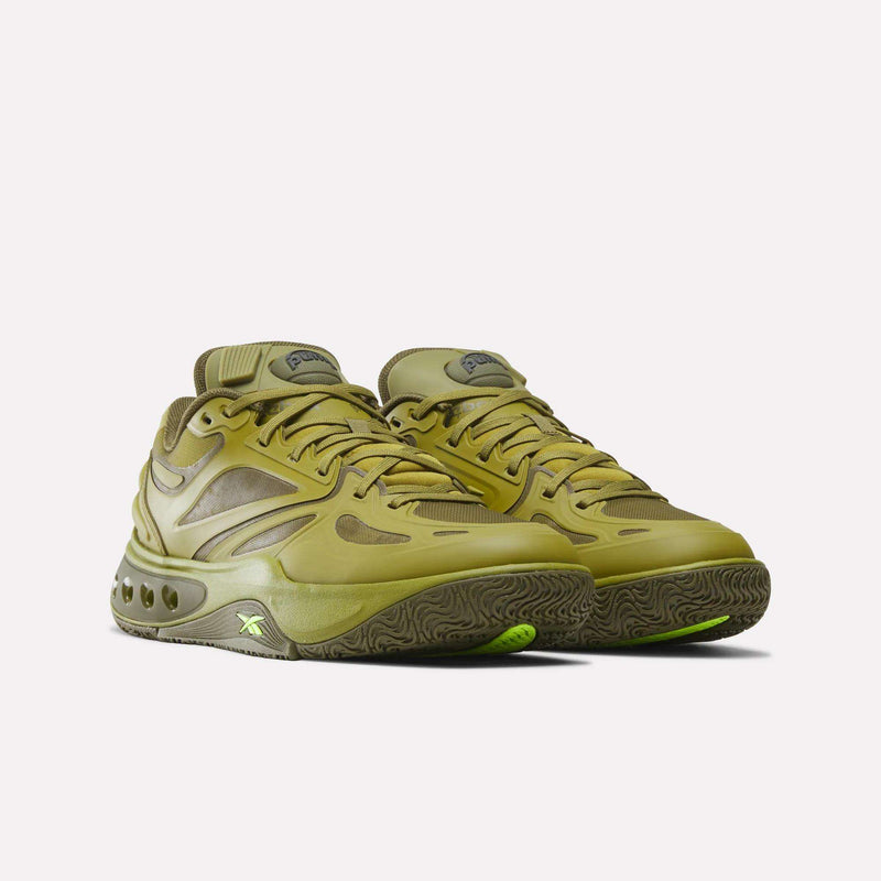 Olive green Reebok Engine A Pump shoes featuring Pump technology on the tongue and a textured rubber sole.