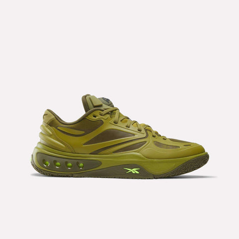Reebok Engine A Pump Shoes in murky green and olive stone, featuring a digital lime logo on the midsole and circular cutouts in the heel.