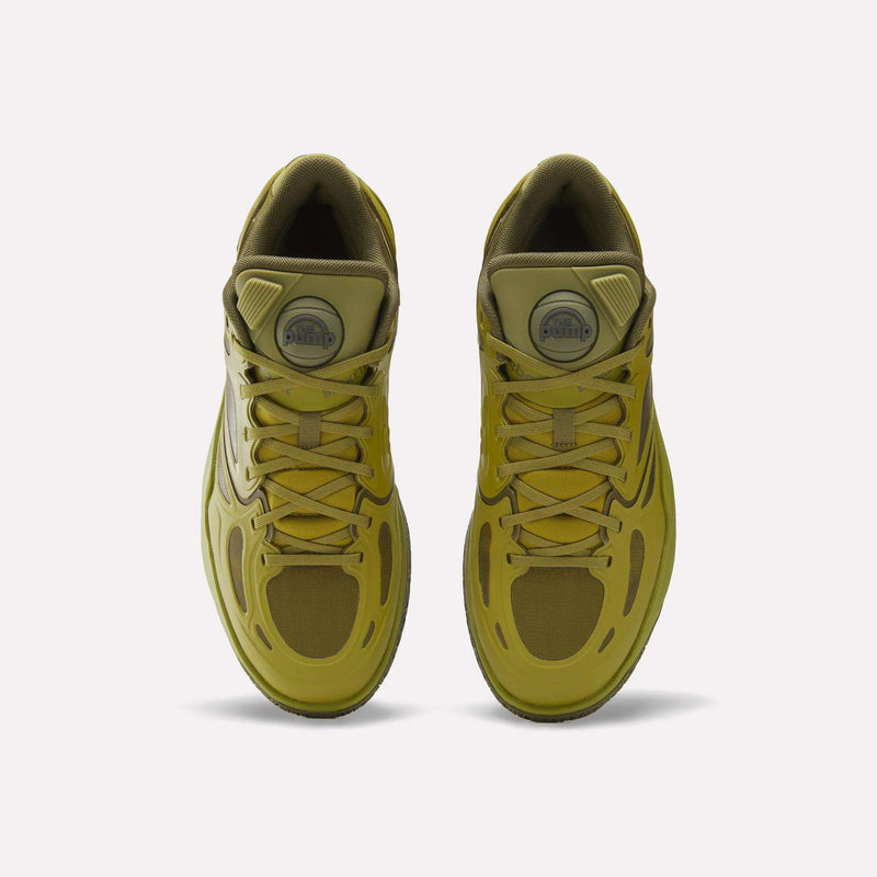 A pair of olive green Reebok Engine A Pump shoes featuring Pump technology on the tongue.