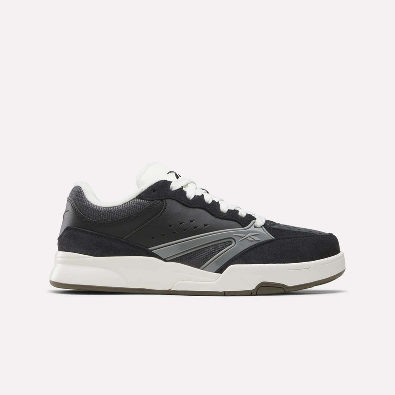 The Reebok Omni Edge Shoes, in a Black/Almost Black/Chalk colorway, feature a classic hoops-inspired design crafted from premium materials, with white cushioned soles, white laces, and subtle branding on the side, displayed against a plain light background.
