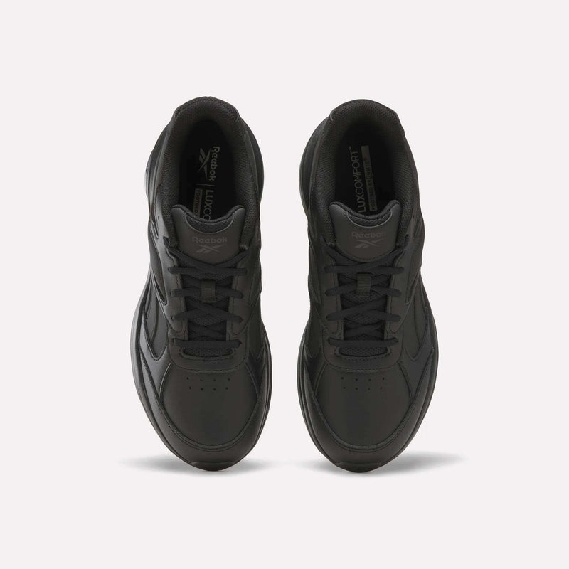 A pair of Reebok Men’s DMX Comfort+ Walk Ultra Shoes in black, shown from above against a plain white background.