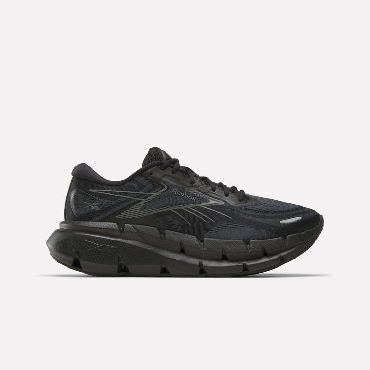 Men's FloatZig Double Running Shoes by Reebok in Black/Black/Grey, featuring a mesh upper, signature side stripes, and a thick segmented cushioned sole for maximum comfort—shown on a plain white background.