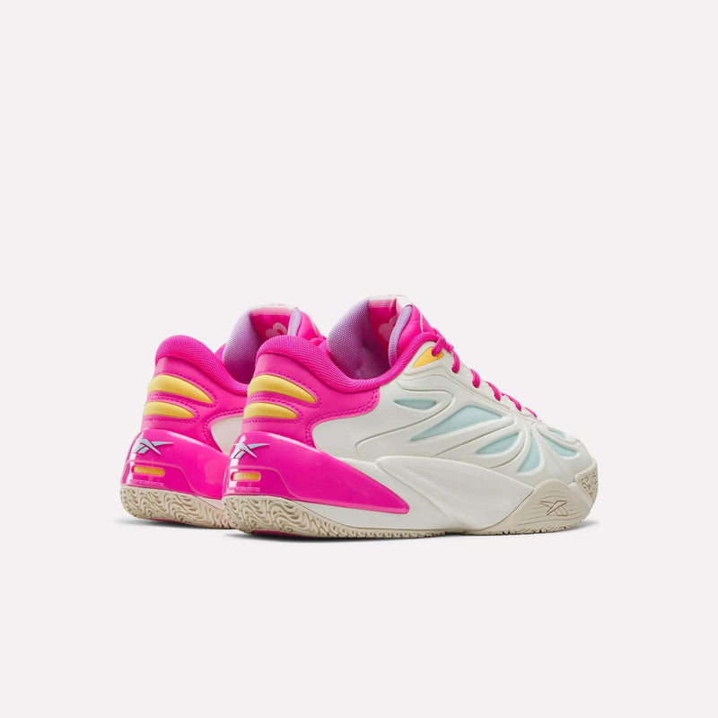 A pair of Reebok x Barbie x Angel Reese 1 Shoes, these stylish performance basketball sneakers by Reebok feature a wavy side design and eye-catching white, pink, and yellow accents. Positioned side by side at an angle to highlight their heels and outer sides, they capture the bold look iconic to Angel Reese shoes.