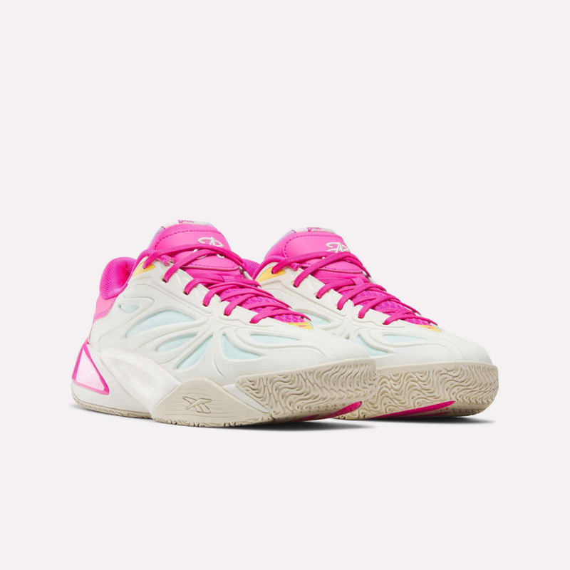 A pair of Reebok x Barbie x Angel Reese 1 Shoes featuring white and light blue uppers, vibrant pink accents, beige patterned soles, and Reebok branding, inspired by basketball style and displayed side by side on a white background.