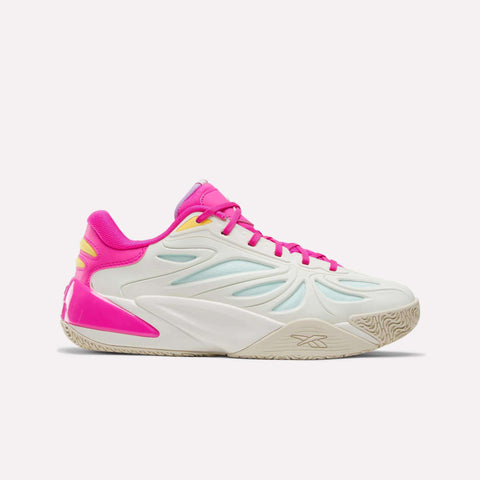 A vibrant athletic sneaker, the Reebok x Barbie x Angel Reese 1 Shoes by Reebok, features a Chalk/Pink/Purple colorway inspired by iconic basketball shoe designs.