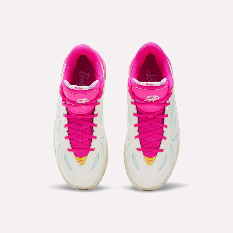 Top view of the Reebok x Barbie x Angel Reese 1 Shoes—a pair of white sneakers with bright pink inner lining and laces, yellow accents on the tongue, and subtle blue patterns on the outer sides. These Reebok basketball shoes blend playful style with exceptional comfort and are engineered for performance, featuring an advanced Energy Return System to keep you moving effortlessly both on and off the court.