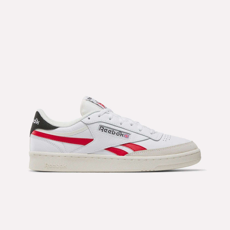 The Reebok Men's Club C Revenge Shoes, in white with red and black accents, feature premium leather and display the Reebok logo plus Union Jack on the side, shown from the left against a plain white background.