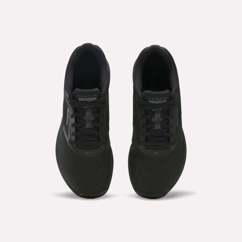A pair of black Reebok Nano X5 Training Shoes with mesh uppers and lace-up closures are shown from above, side by side on a plain light background.