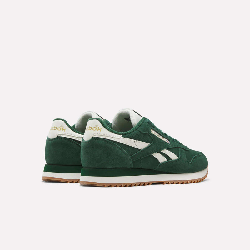 A pair of Reebok Men’s Classic Leather Ripple Shoes in green, accented with white and yellow details, featuring an EVA midsole for enhanced comfort. The sneakers are shown from the back and side angles against a plain white background.