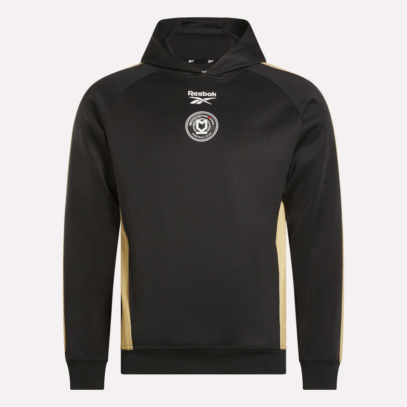 The Men's MK Dons Travel Hoodie by Reebok features a black design with gold side panels, small circular and chest Reebok logos—ideal for fans and shown on a plain light background.