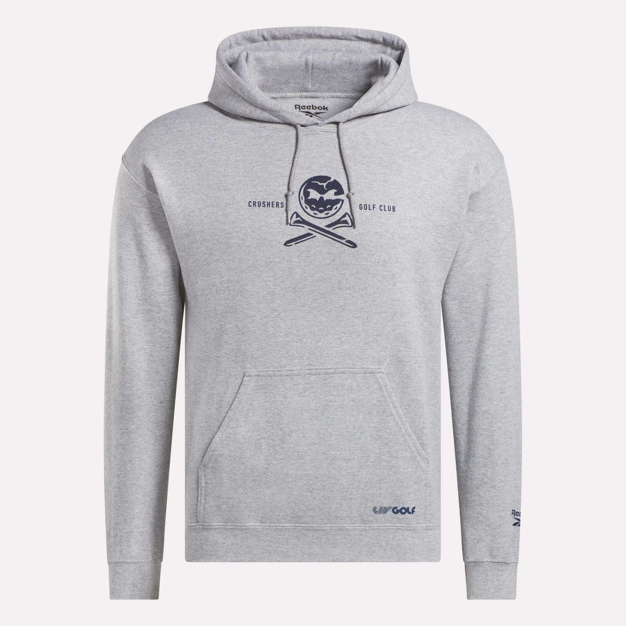 Show off your style in the Men’s Crushers Hoodie by Reebok. This light gray hoodie features a front pocket, drawstring hood, and a chest graphic of a skull with crossed golf clubs and "Crushers Golf Club.