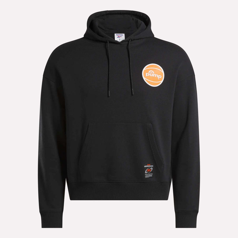 The Reebok Men's Pump OG Hoodie features a black design with a front pocket and drawstrings. An orange circular Pump logo on the left chest brings a retro basketball vibe, while a small rectangular patch near the hem adds subtle detail, making this hoodie both stylish and timeless.