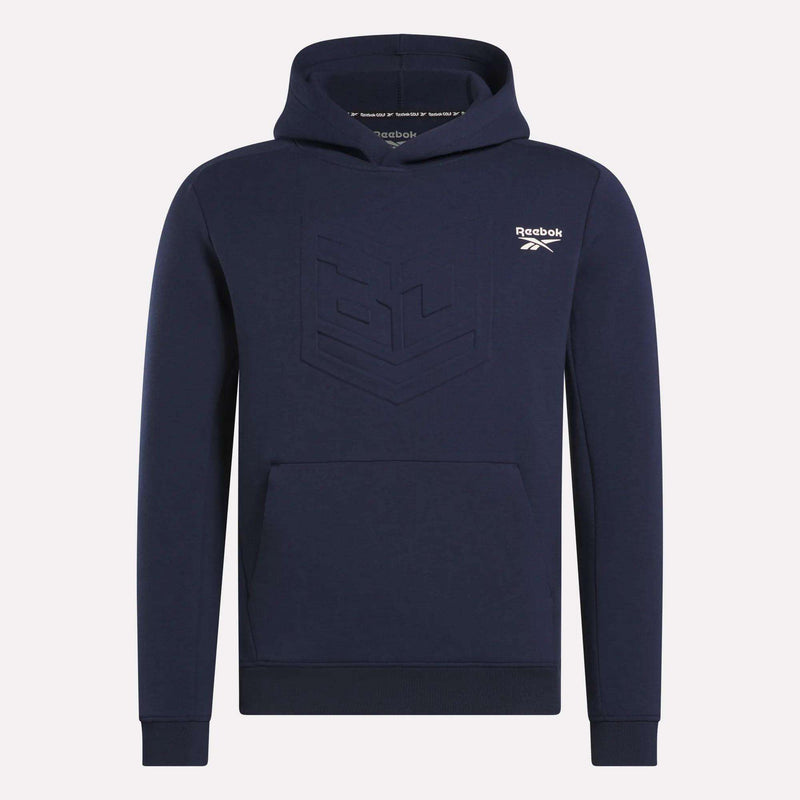 The Reebok Men's Scuba Knit Hoodie Sweatshirt is navy blue with a front pouch pocket, an embossed geometric chest design, moisture-wicking fabric, and a white Reebok logo on the left chest.