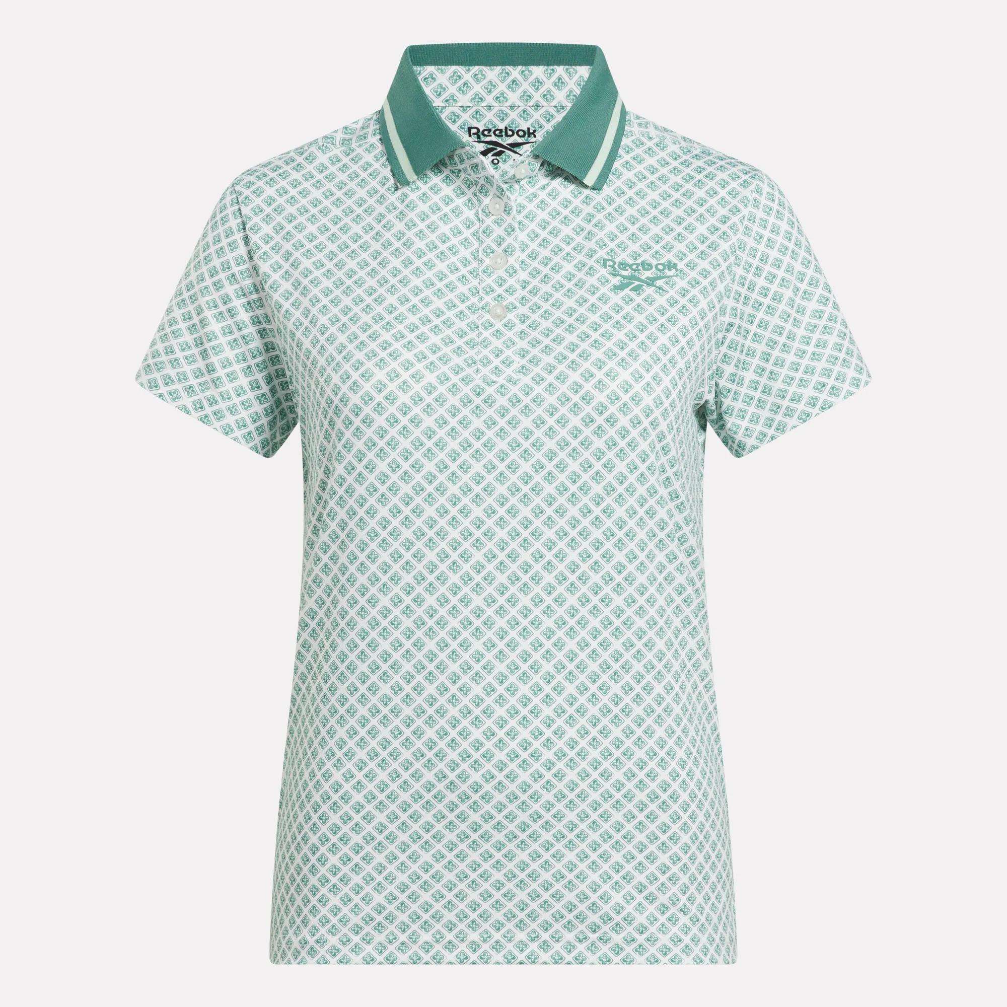 Women's Foulard Print Sleeveless Polo Shirt by Reebok in light green and white with a geometric diamond pattern, green collar, and Reebok logo on the left chest, shown on a white background.