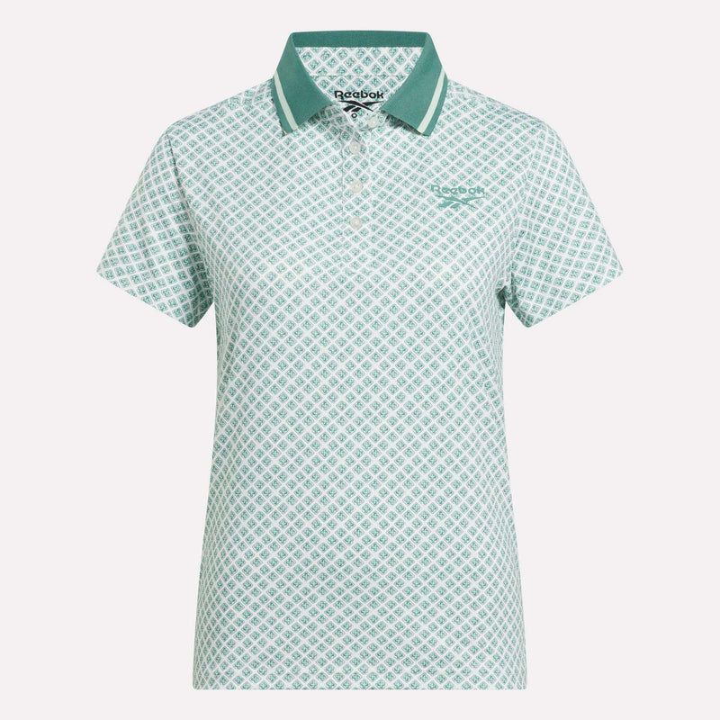 Women's Foulard Print Sleeveless Polo Shirt by Reebok in light green and white with a geometric diamond pattern, green collar, and Reebok logo on the left chest, shown on a white background.