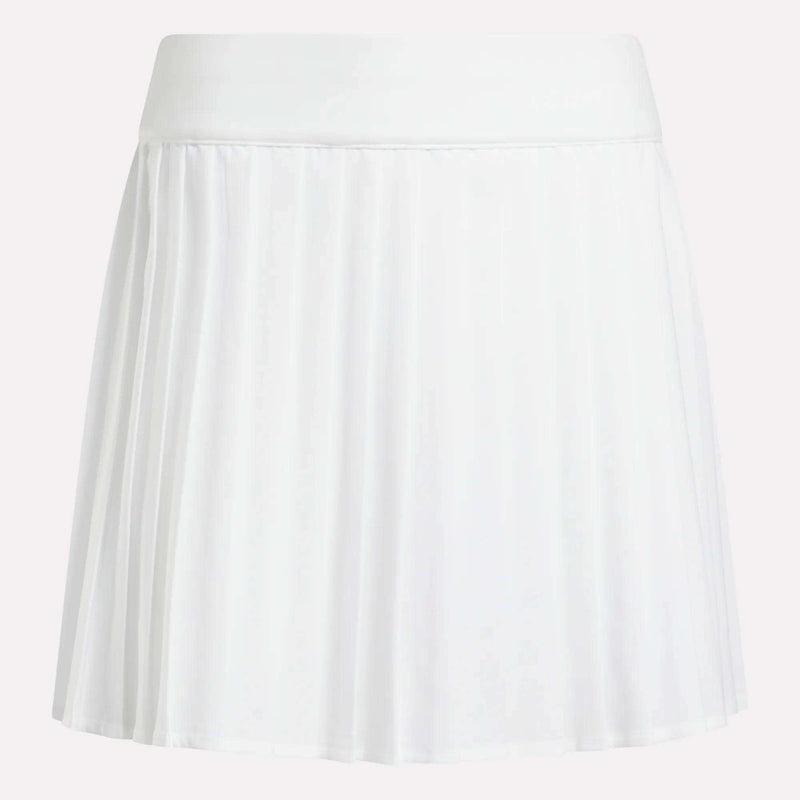 The Reebok Women's Pleated Skort is a white mini skort with a wide waistband, made from UPF-rated RBK-DRY fabric, shown against a plain background.