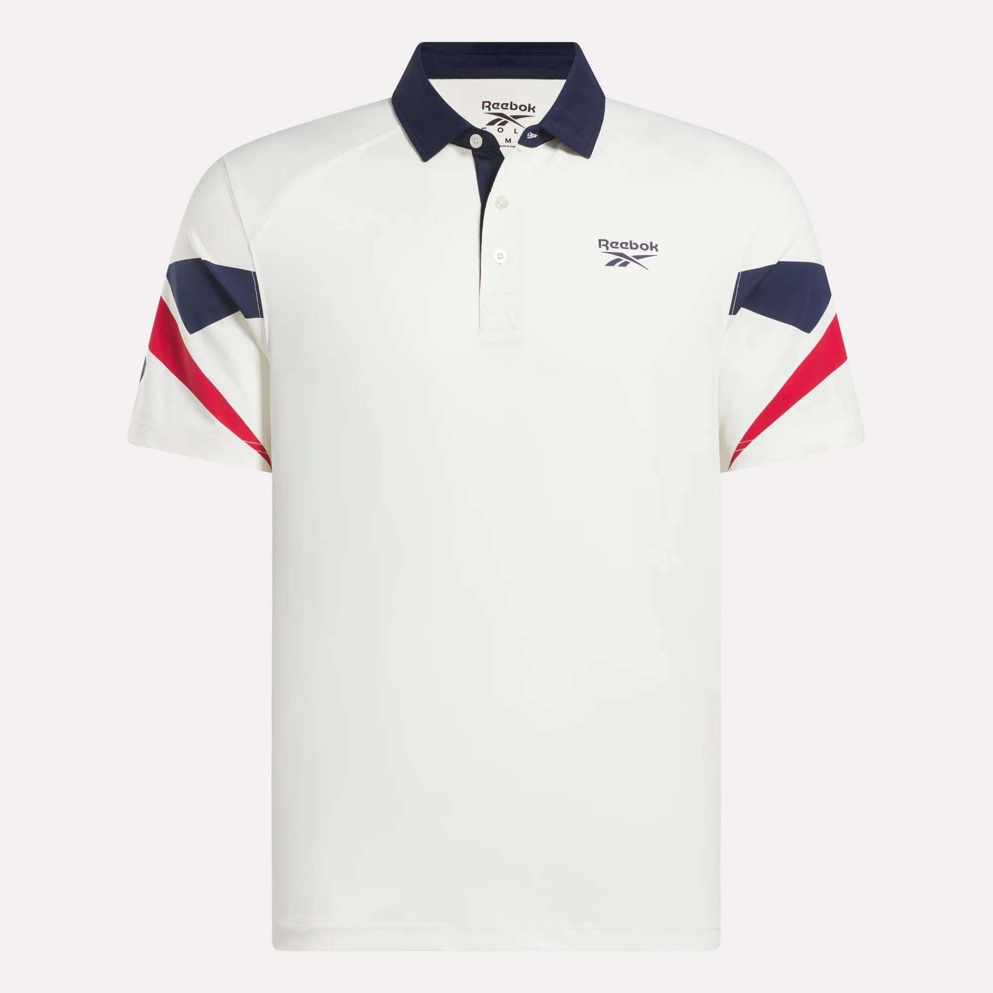 The Reebok Men's Vector Sleeve Polo Shirt features a navy collar, navy and red diagonal sleeve stripes, a small chest logo, and moisture-wicking fabric for all-day cool comfort.