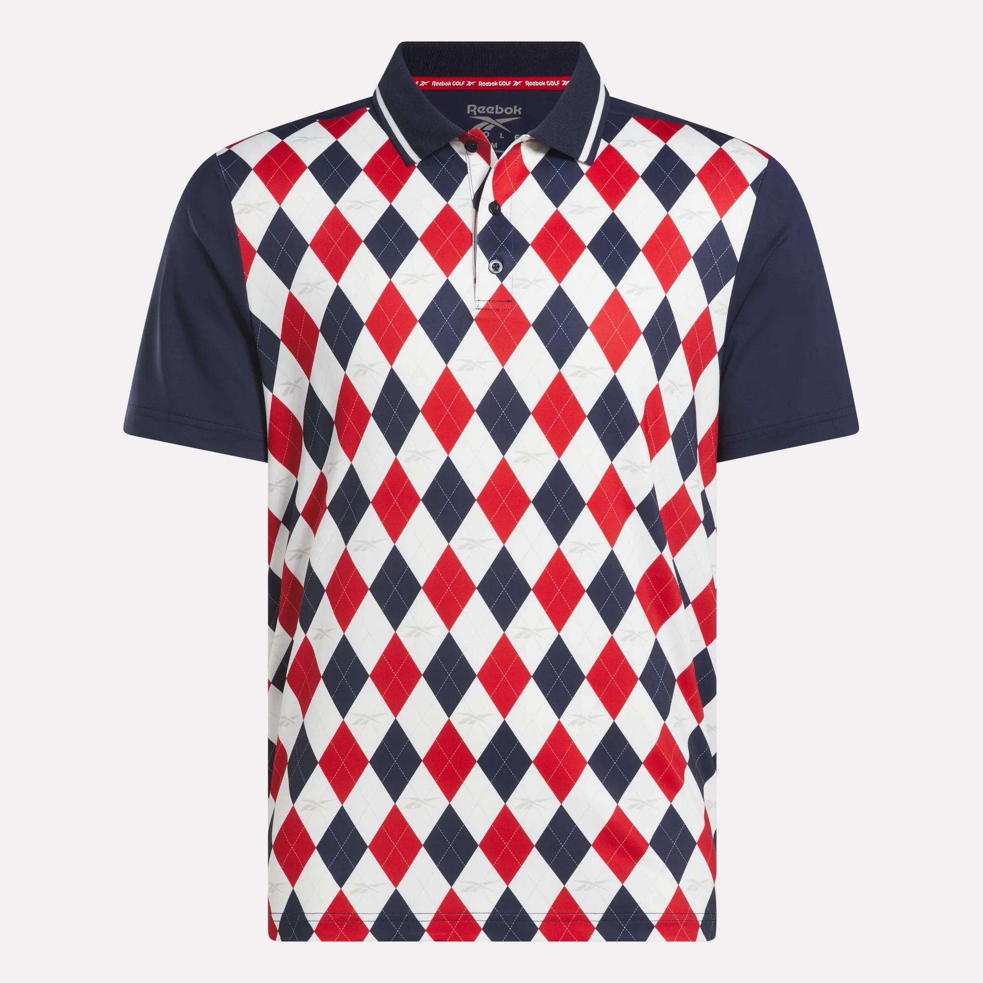 The Reebok Men's Vector Argyle Print Polo features a navy collar and sleeves, stretch knit fabric, a bold red, navy, and white argyle front pattern, button placket, and Reebok logo inside the collar.