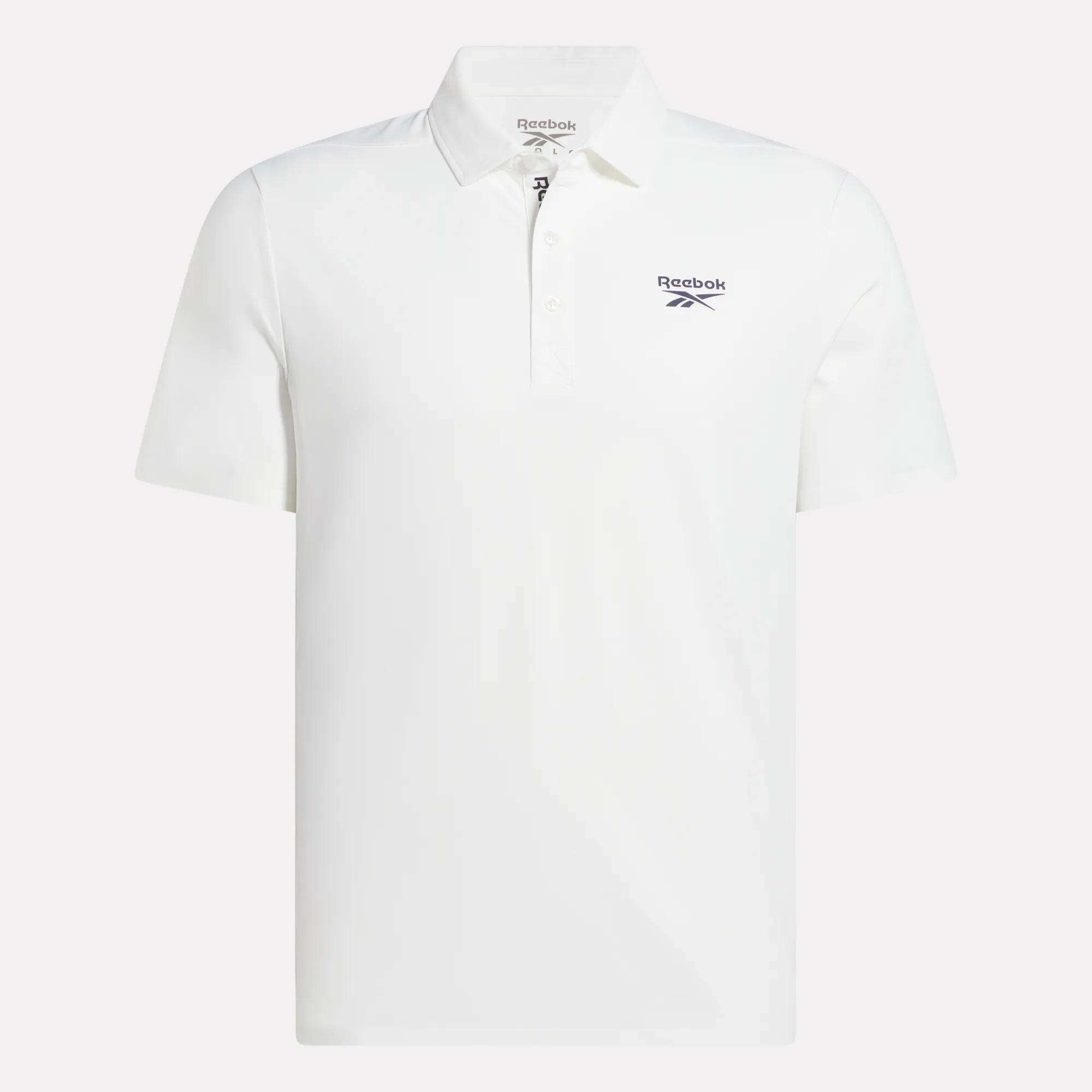 The Reebok Men's Bonded Pique Polo Shirt is plain white with short sleeves, a collar, and three buttons. A black Reebok logo appears on the left chest. The background is light gray.