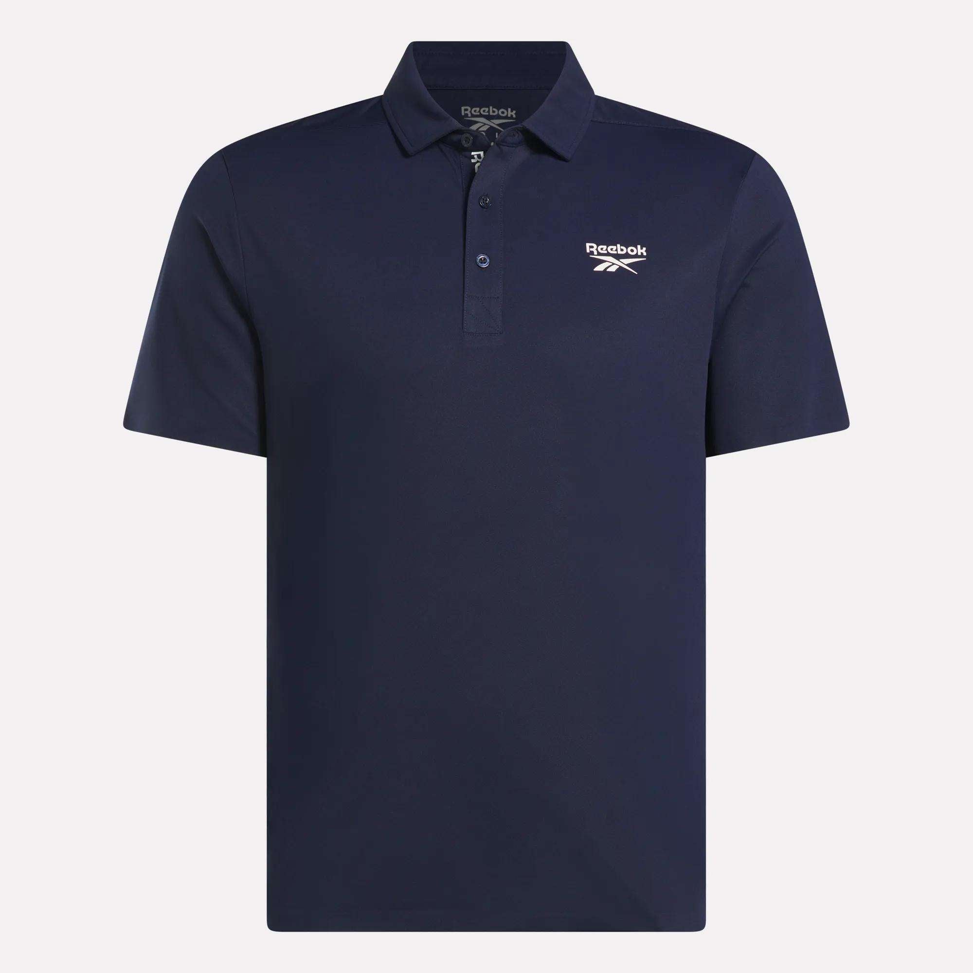 The Reebok Men's Bonded Pique Polo Shirt in navy features short sleeves, a collar, a three-button placket, UPF protection, and a white embroidered Reebok logo on the left chest.