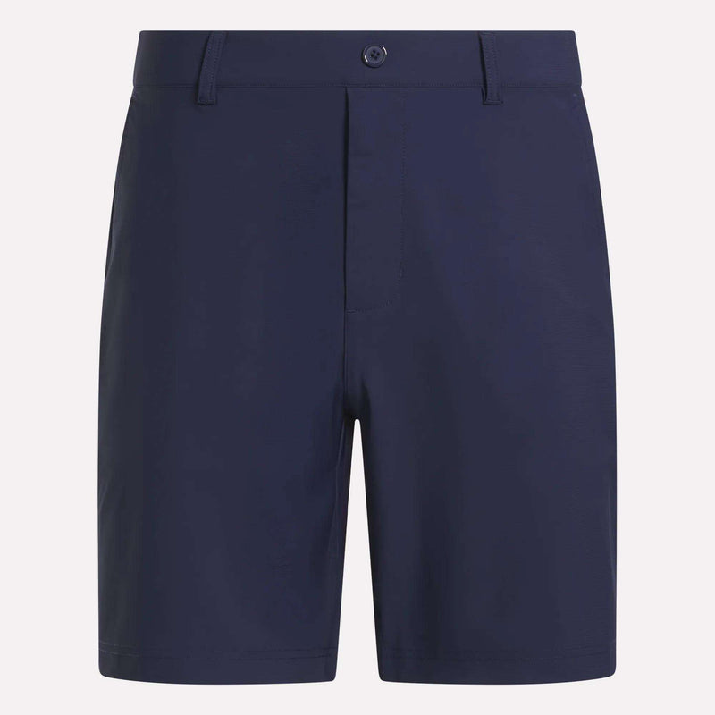 Reebok Men's Favorite Golf Shorts 8.5" in navy blue feature a knee-length cut, flat front, button and zipper closure, belt loops, and stretchy moisture-wicking fabric, shown against a plain white background.