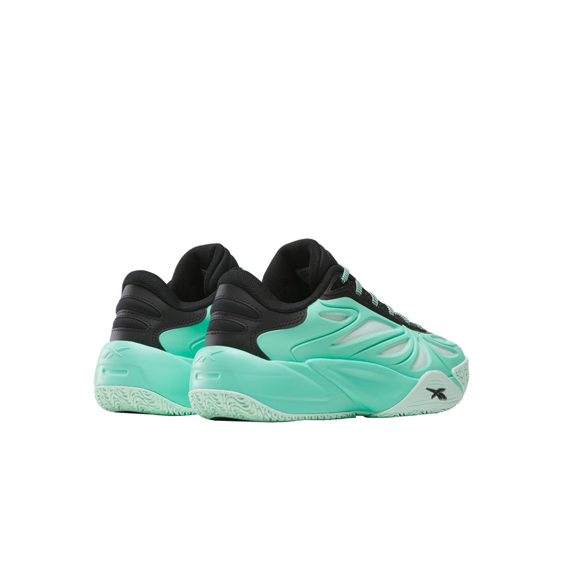 A pair of Reebok Angel Reese 1 Basketball Shoes for big kids, featuring black uppers with vibrant teal midsoles and outsoles, ideal as basketball sneakers for youth, displayed from the back and side on a white background.