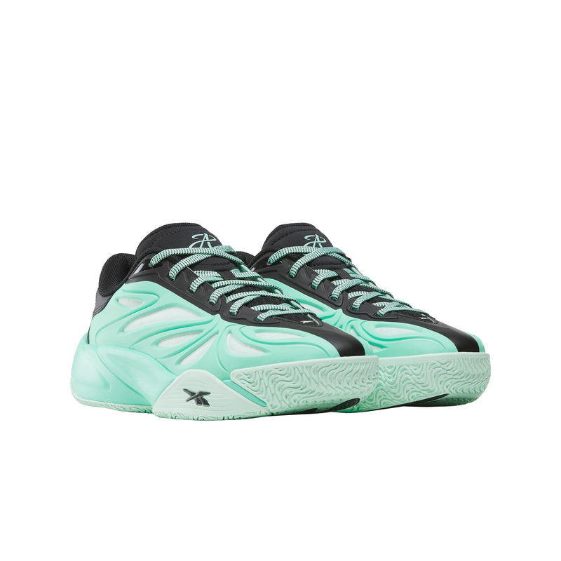 A pair of Reebok Angel Reese 1 Basketball Shoes for big kids in mint green and black, featuring textured soles and a futuristic design, positioned side by side facing forward.
