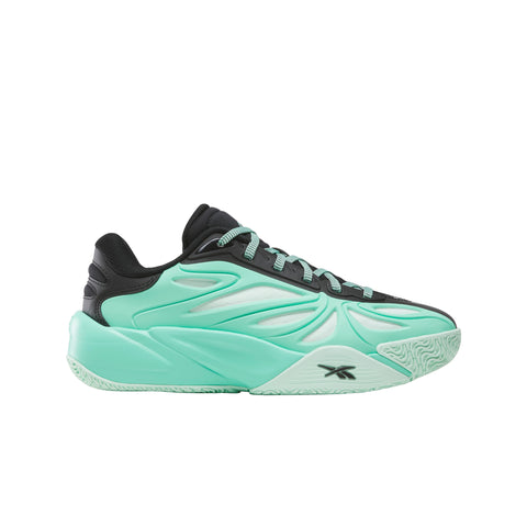 The Reebok Angel Reese 1 Basketball Shoes for big kids feature a mint green and black colorway with wavy design elements, white accents, and light green laces. Shown from the side against a white background, these stylish sneakers offer young athletes both comfort and dynamic flair on or off the court.