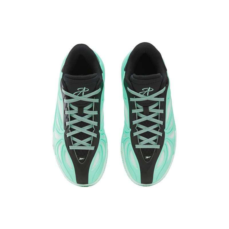 A pair of Reebok Angel Reese 1 Basketball Shoes for big kids in mint green and black, featuring black interiors, white striped laces, and a stylized white logo on the tongue, viewed from above on a white background.