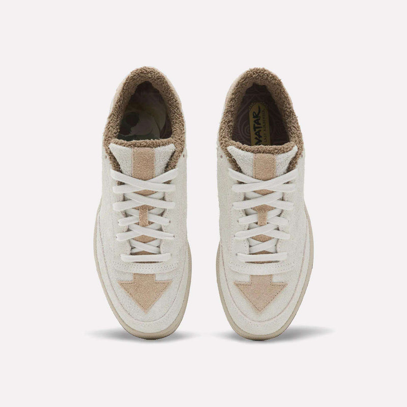 Off-white Reebok x Avatar Club C 85 Shoes with beige arrow details on the toe boxes, fuzzy brown lining, and insoles featuring Appa graphic text.