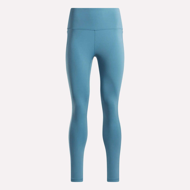 Women's Odyssey High-Rise 7/8 Leggings by Reebok in light blue, featuring a high-rise waistband and full-length style, shown against a plain white background.