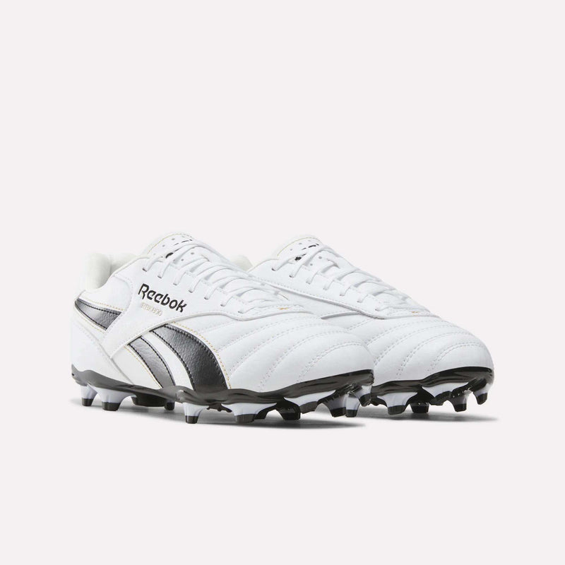 A pair of RBK800 League Firm Ground Soccer Cleats by Reebok in white with black accents and logo, displayed side by side on a plain white background.