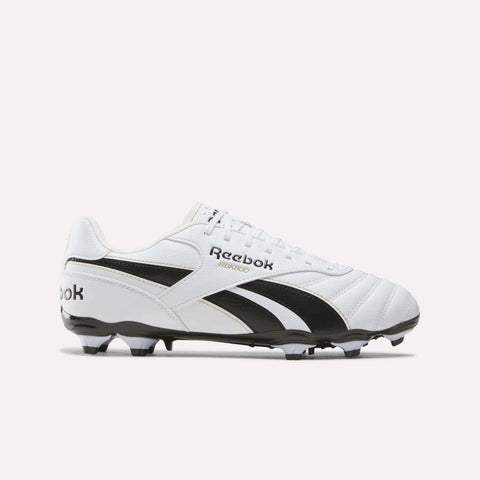 The Reebok RBK800 League Firm Ground Soccer Cleats in White/White/Black feature black accents, a studded black sole for firm ground play, and a black Reebok logo on the side, displayed against a plain white background.