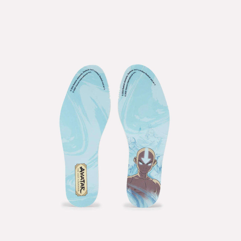 Two light blue glow-in-the-dark insoles for Reebok x Avatar Engine A 26 basketball shoes, one featuring an illustration of Aang and the other the series logo.