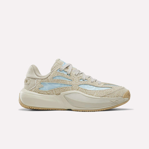 Beige Reebok x Avatar Engine A 26 basketball shoes featuring patterned overlays, light blue accents, and a thick, chunky midsole.