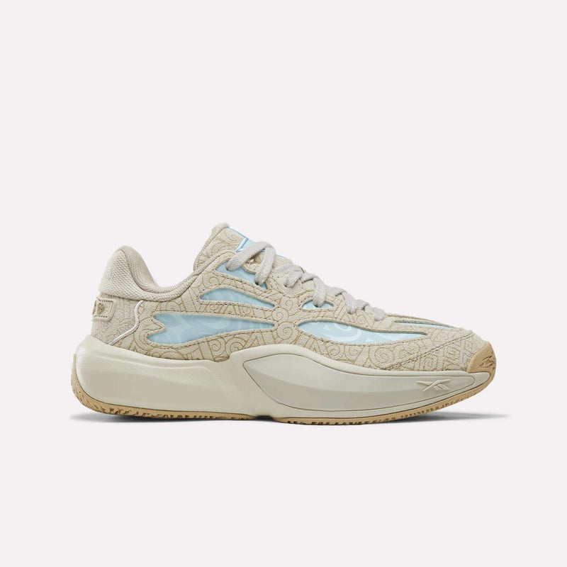 Beige Reebok x Avatar Engine A 26 basketball shoes featuring patterned overlays, light blue accents, and a thick, chunky midsole.
