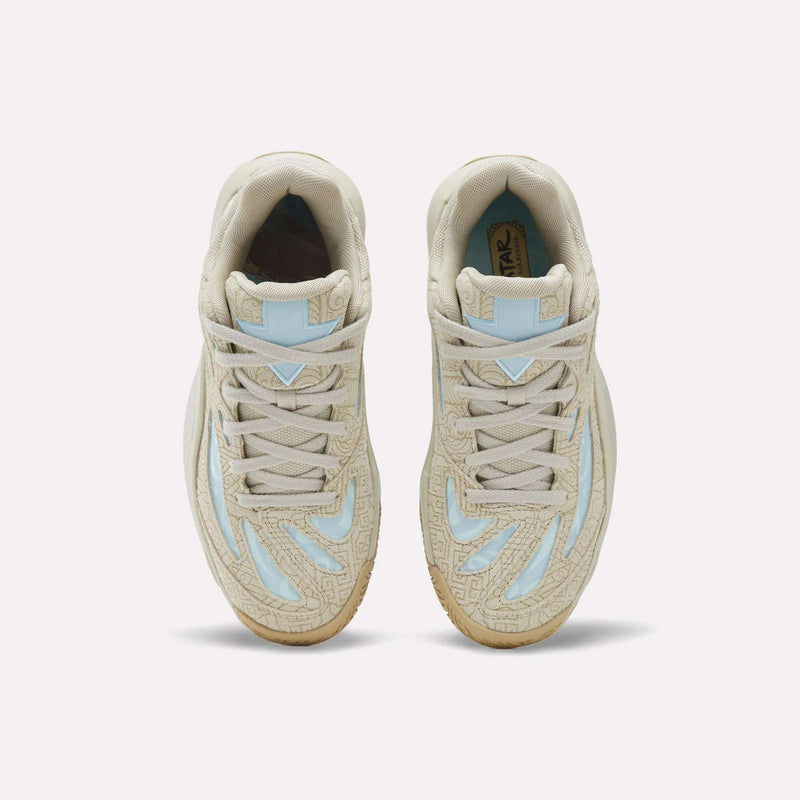 Top-down view of cream-colored Reebok x Avatar Engine A 26 Basketball Shoes with light blue accents and a patterned upper.