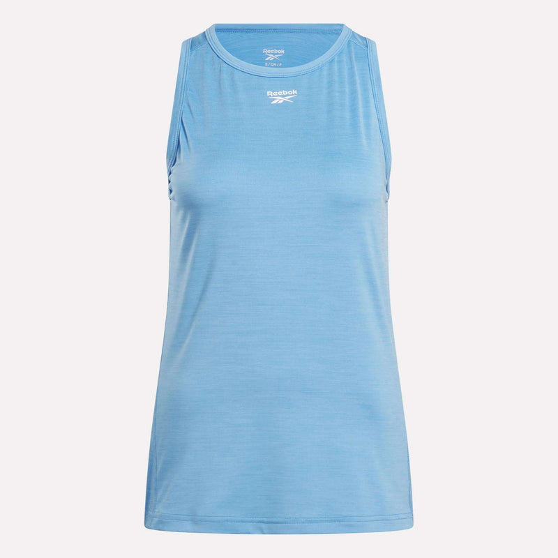 Reebok Women's Marled Performance Tank Top in light blue features a sleeveless design, round neckline, and small white chest logo—ideal for workouts. Displayed on a plain light background.
