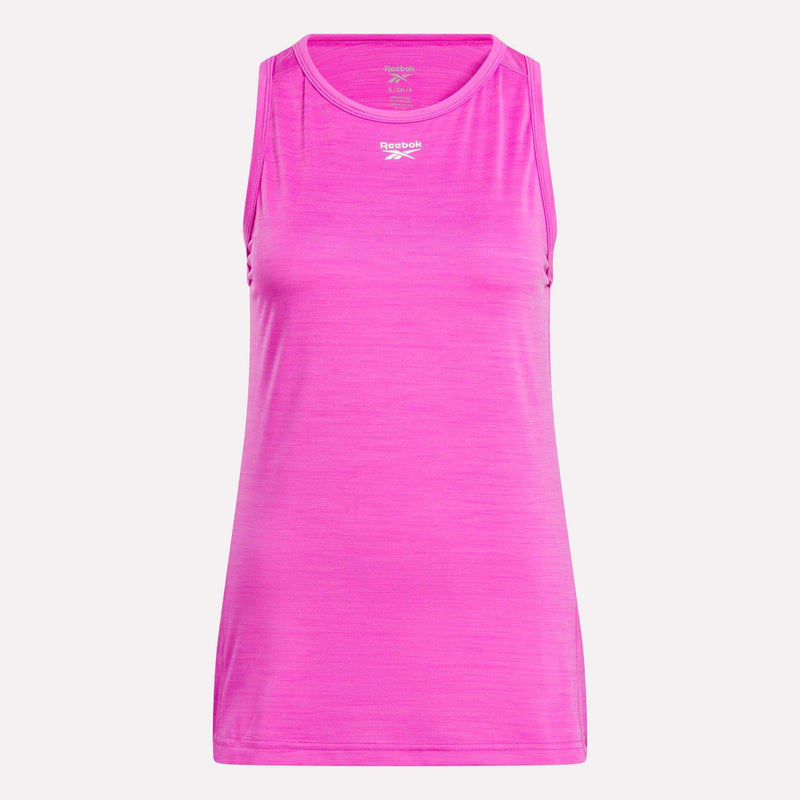The Women’s Marled Performance Tank Top by Reebok is a sleeveless, bright pink activewear top with a crew neckline and white logo on the chest, shown against a plain white background.