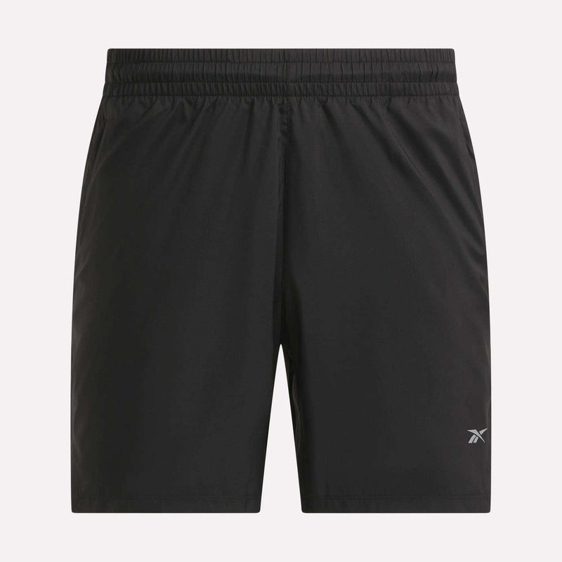 Men’s Running Shorts 7″ by Reebok for Black men, designed with a comfortable elastic waistband and a small Reebok logo on the lower left hem, featuring a versatile 7-inch inseam and displayed on a light background.
