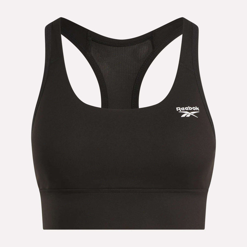 The Reebok Women's Rush Medium-Impact Sports Bra is a black racerback design, perfect for medium-impact workouts. It features a white Reebok logo on the left chest and is photographed against a plain white background.