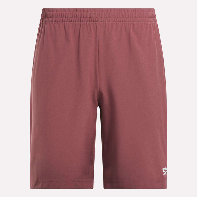 Reebok Men's Range Shorts 9" in maroon with an elastic waistband and a small white logo on the lower left leg, ideal for gym workouts, shown against a plain white background.