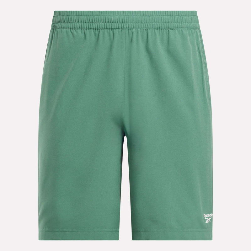 Reebok Men's Range Shorts 9" in green feature an elastic waistband, small white logo on the lower left leg, and smooth fabric for comfort—ideal gym shorts for workouts or daily wear.