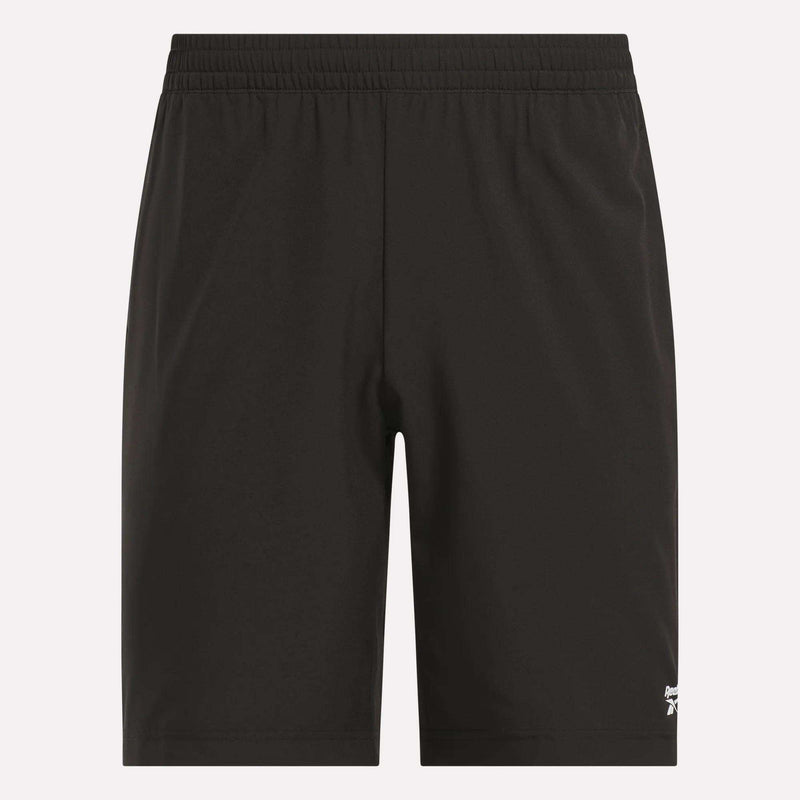 A pair of Reebok Men's Range Shorts 9" in plain black, featuring an elastic waistband and a small white Reebok logo near the bottom left hem.