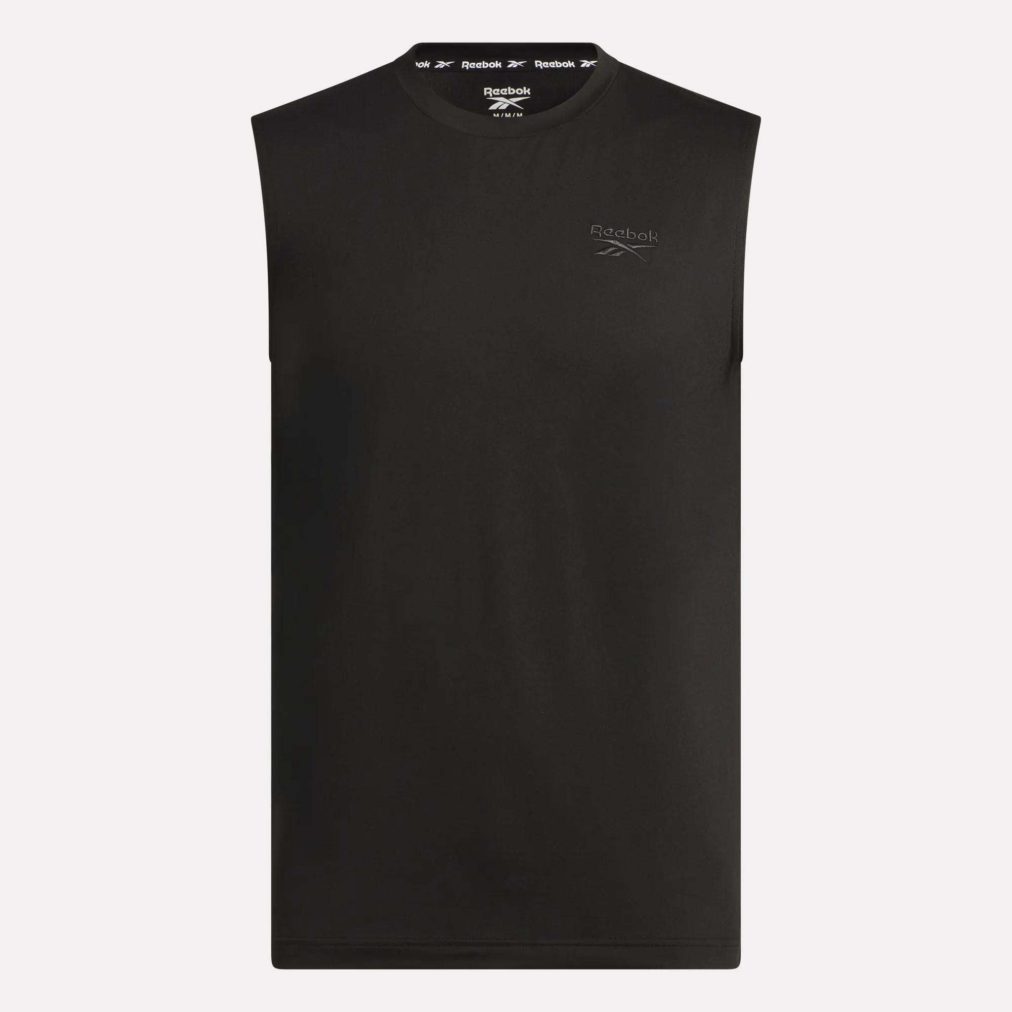 Reebok Men's Elite Sleeveless Top in black, made from cotton flex knit with a crew neck and small Reebok logo on the left chest, shown against a plain light background.