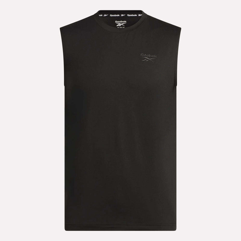 Reebok Men's Elite Sleeveless Top in black, made from cotton flex knit with a crew neck and small Reebok logo on the left chest, shown against a plain light background.